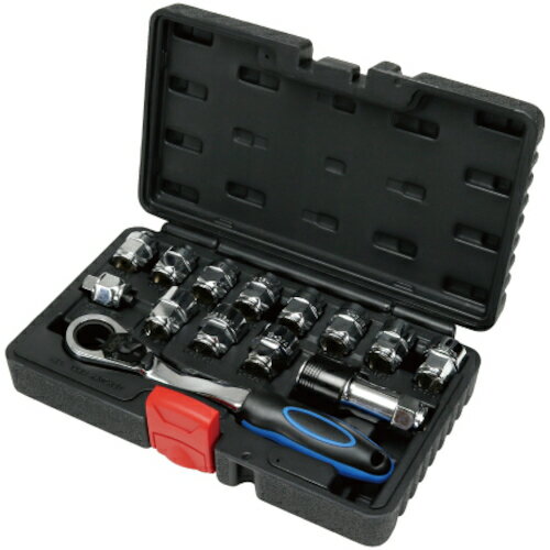 特長 ●セーフティロックとクイックリリースで、ソケットの着脱が簡単で確実です。 ●収納・持ち運びに便利な専用ケース付きです。 ●「しめる」「ゆるめる」をレバーで簡単に切り替えられるラチェットレンチです。 ●握りやすい形状のラバーグリップです。 ●レンチがソケットの溝をしっかりロックします。 ●振ったり落としたりしてもソケットが外れることはありません。 ●取りはずしの際もレバーを軽く引くだけのクイックリリースで力いらずです。 ●貫通タイプのレンチとソケットズンギリボルトを貫通できるので、ナットがどの位置でも締付け可能です。 仕様 ●質量(kg)：1.1 ●ケースサイズ(mm)：245×55×150 ●ソケットレンチセット 質量・質量単位 ●1.1kg セット内容・付属品 ●ソケット(十二角)：8、 10、 11、 12、 13、 14、 15、 16、 17、 18、 19mm、エクステンションバー：75mm、ソケットアダプター：3／8、ラチェットレンチ 【メーカー名】ジェフコム（株） 【メーカー品番】ISW-0819