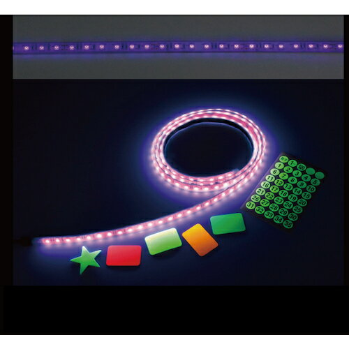 特長 ●蛍光体が反応する演出用UV ●室内用 ※雨、水濡れに注意してください。 ●切断不可 ●固定用両面テープ付（背面） ●断面サイズ：幅12mm×高さ5mm ●LED数：120 個 ●全点灯 ●安全なローボルト ●本体がシリコン素材なのでゆるやかな曲面にも貼付け可能 仕様 ●幅(mm)：12 ●長さ(mm)：2000 ●本体サイズ：12mm×2000mm×3mm ●カラー：ブラックライト（UV）（紫外線395〜400nm） ●LED間隔：約16mm ●駆動方式：AC-DCアダプタ方式 ●周波数：50/60Hz ●発光制御：全点灯のみ ●使用環境条件：屋内仕様−10 〜 40℃　常湿 材質 ●シリコン 質量・質量単位 ●110.0g 【メーカー名】ジェフコム（株） 【メーカー品番】STM-TN02-02UV