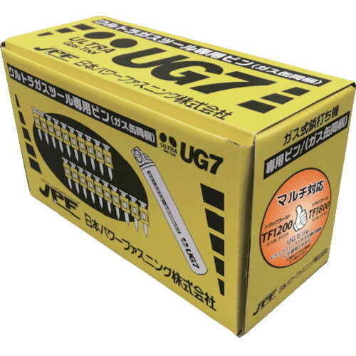 用途 ●軽量間仕切り、サドル取付他用。 仕様 ●幅(mm)：6.3 ●全長(mm)：40 ●1ケース入数(本)：1000軸径×全長（mm）3．0／2．6×40 ●超硬用ピン40ミリ 材質 ●ピン鋼製 質量・質量単位 ●1.5kg セット内容・付属品 ●ガスカートリッジ×1本 注意事項 ●使用時は保護眼鏡、保護具を着用してください。 ●トラックファースト1100JQおよび1200JQは、ガス缶が未適合のためご使用いただけません。ただし、1200JQにつきましては修理対応によりご使用可能となります。修理をご希望の際は、メーカーまでお問い合わせください。 【メーカー名】日本パワーファスニング（株） 【メーカー品番】UG3040-FC7B