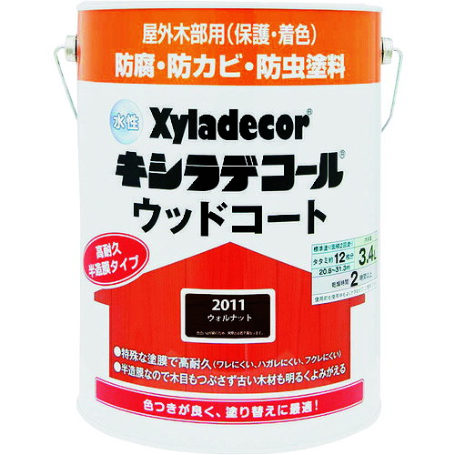 特長 ●木材保護塗料のトップブランド「キシラデコール」の水性半造膜（造膜性能・浸透性能を兼ね備えた）タイプです。 用途 ●屋外の木部(ウッドデッキ、ラティス、パーゴラ、ベンチ、ログハウス、羽目板、板へい)に。 仕様 ●色：ウォルナット ●容量(L)：3.4 ●乾燥時間：約4時間(20℃） ●塗り重ね可能時間：2時間以上(20℃） ●塗布面積(［［M2］］)：20.8〜31.3 ●塗布面積：20.8〜31.3［［M2］］ 材質 ●ビニールエステル樹脂 質量・質量単位 ●4.028kg 【メーカー名】（株）カンペハピオ 【メーカー品番】00097670350000