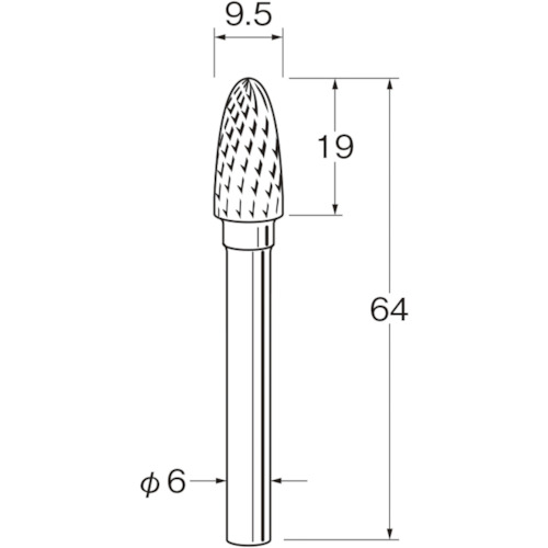 特長 ●使いやすい形状で、耐久性と切れ味に優れています。 ●（刃径φ6.0以下はオール超硬です。 ●） 用途 ●金属・非金属の研削・バリ取りなどに。 仕様 ●刃径(mm)：9.5 ●刃長(mm)：19 ●軸径(mm)：6 ●全長(mm)：64 ●最高使用回転数(rpm)：20000 ●オール超硬/ロー付：ロー付 ●クロスカット 質量・質量単位 ●22.0g 【メーカー名】日本精密機械工作（株） 【メーカー品番】K6324