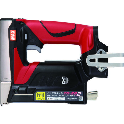 特長 ●防塵・防滴構造の高耐久、連続・単発うちができる最速レスポンス、快適な取り回しができる軽量仕様、明るく見やすいLEDライト機能付き。 用途 ●防湿・防水シート留め ●見切り材留め ●断熱材留め ●アスファルトフェルト留め ●布・気密シート留め 仕様 ●高さ(mm)：164 ●幅(mm)：81 ●全長(mm)：194 ●適合ステープル肩幅(mm)：10 ●適合ステープル肩幅×長さ(mm)：10×7〜10 ●T4ステープル用バッテリタッカ 質量・質量単位 ●1.2kg 【メーカー名】マックス（株） 【メーカー品番】TG-ZB2