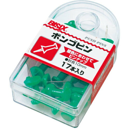 特長 ●かたい面でも安心して使用できる釘式針を採用したプッシュピンです。 仕様 ●サイズ：針長10mm ●色：緑 ●包装：収納便利なPSケース（フック式） ●入数：約17本 材質 ●PS樹脂 ●鋼線 質量・質量単位 ●26.0g 【メーカー名】（株）ミツヤ 【メーカー品番】BX1-3-GR