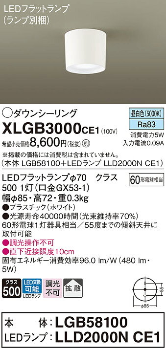 パナソニック 天井直付型 LED(昼白色) ダウンシーリング 拡散タイプ LEDフラットランプ交換型 【品番:XLGB3000CE1(LGB58100 + LLD2000N CE1)】 [2]