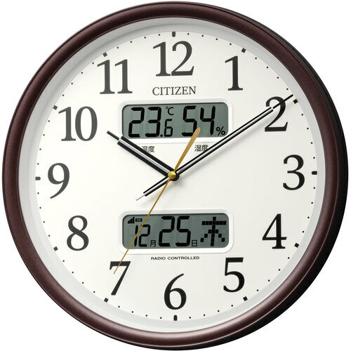 リズム　シチズン　電波時計　壁掛け時計　温湿度計付き　カレンダー付　連続秒針　茶　Φ350×56mm　【..