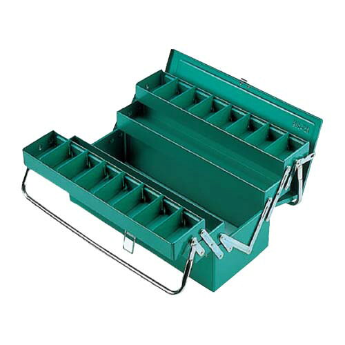 ●多くの人に愛されている工具箱の定番。 ●長年の技術とノウハウがぎっしりつまった秀作。 ●カラー： グリーン ●サイズ： L470×W200×H230mm（上段:H50mm 中段:H50mm 下段:H130mm） ■三段式 ■片開き ■仕切板・ロック機能付： 部品の混ざりを防ぐ仕切板がロック又は取り外しも出来る機能です。 ■クッション付 ■施錠可： 南京錠の使用により施錠が簡単になっております。 ■パイプハンドル： 高級クロームメッキ仕上げ ■積重ね可 【メーカー名】（株）リングスター 【メーカー品番】RSD-473