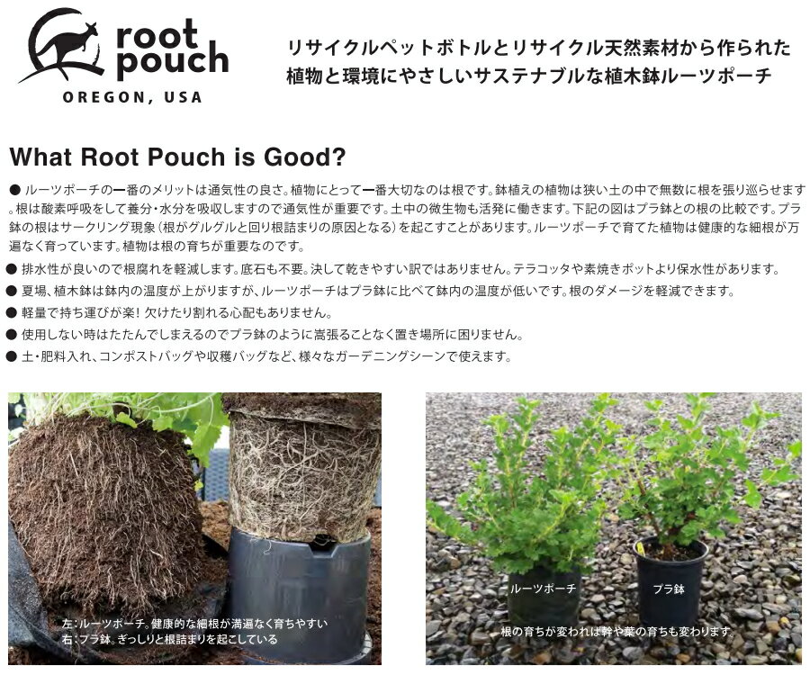 root pouch（ルーツポーチ）　リサイクルペットボトルから作られた不織布製の植木鉢　Navy with handles　16liter