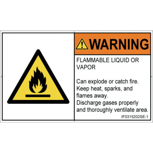 SCREENクリエイティブコミュニケーションズ　警告ラベル．Com　PL警告表示ラベル（ISO準拠）　材料・物質による危険：可燃性物質　IF0315202　警告　Sサイズ　英語（ヨコ）　16分割（A4用紙）　【品番：IF0315202SE-1】□(4)