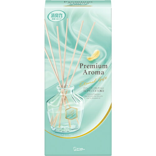 特長 ●パフューマーが厳選したフレグランスオイルを配合した香水調の香りがスティックから広がります。 ●当社液体タイプ※と比べ、フレグランスオイルを5倍濃密に配合。 ●贅沢な香りです。 ●※お部屋の消臭力　Premium　Aroma　400ml ●スティックの本数で香りの強さの調節ができます。 ●フレグランスオイルとスティックはつめかえ方式です。 ●別売りのつめかえ用で新しい香りをお楽しみいただけます。 ●香りは約1〜2ヶ月持続します。 ●(スティック6本の場合) 用途 ●お部屋用。 仕様 ●タイプ：室内用 質量・質量単位 ●280.0g 【メーカー名】エステー（株） 【メーカー品番】ST13075