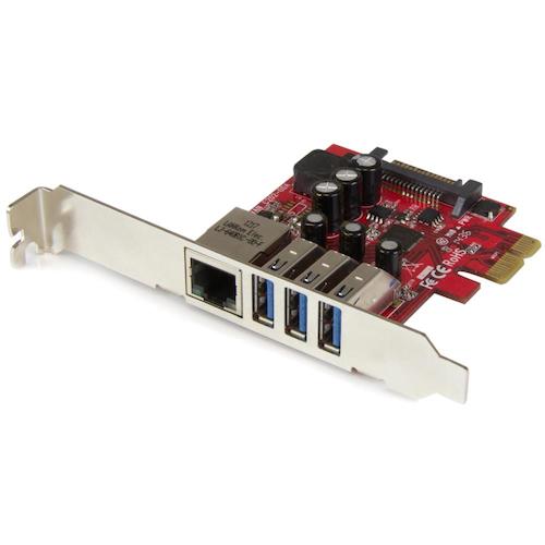 StarTech.com　USB増設　PCIeカード／3x　USB−A　＋　GbE／5Gbps／SATA電源／インターフェースボード　