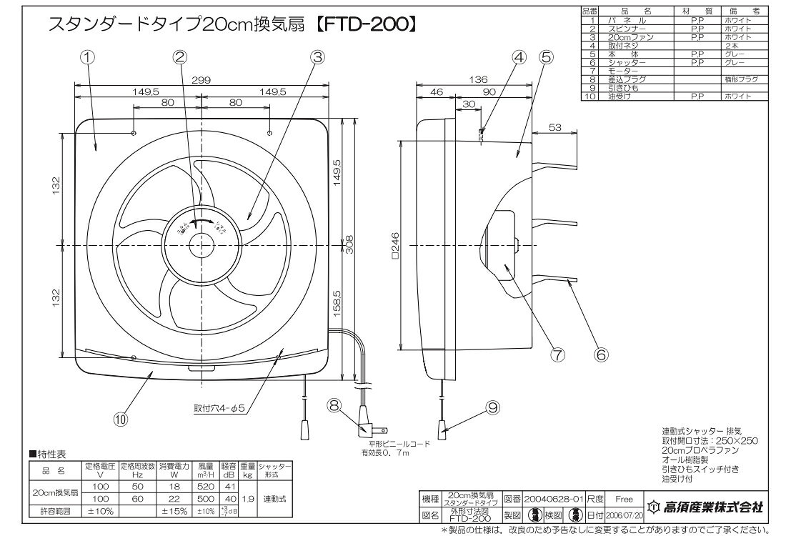 住設プロ 楽天市場店の高須産業　台所・一般換気扇（羽根径20cm） スタンダードタイプ 連動式シャッター 排気　【品番：FTD-200】｜アングル2