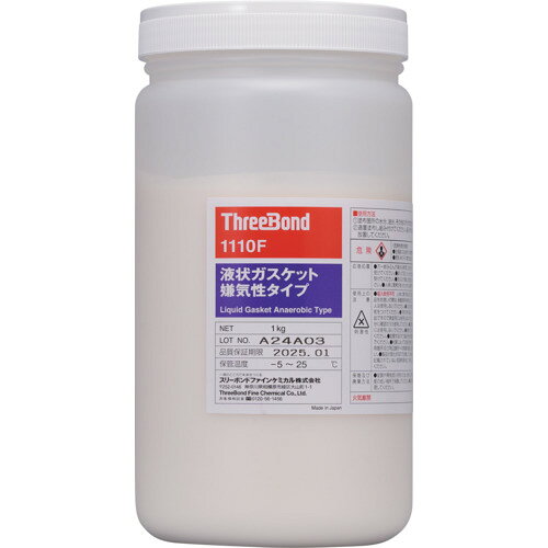 特長 ●嫌気性液状ガスケットです。 用途 ●使用可能温度範囲?40?150℃ 仕様 ●色：白 ●容量(g)：1000 ●金属配管用 ●容量(Kg)：1 質量・質量単位 ●1.0kg 【メーカー名】（株）スリーボンド 【メーカー品番】TB1110F-1 【法人限定商品】※下記注意事項を事前にご確認ください。 ●この商品は送料が別途必要になります。 ●ご注文後、改めて当店より送料をご連絡させていただきます。送料のご了承をいただいてからの手配となります。（ご連絡までに数日かかる場合があります） ●手配後のキャンセル・返品・交換はできません。 ●メーカー直送、または、福山通運・西濃運輸・佐川急便でのお届けとなります。 ●配送業者の指定はできません。 ●原則法人宛（個人宅を除く）のみの配達となります。個人宅へのお届けの場合は事前にお問い合わせください。 ●お届け先の宛名または住所に法人名の記載がない場合は、法人であっても個人宅扱いとなります。 ●個人宅（法人名不記載を含む）へのお届けができない場合があります。 ●一部配送業者は平日のみの配達になります。原則時間指定はできません。 ●他メーカーとの同梱不可。 ●代金引換決済のご利用不可。