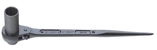 ●片方のソケット部が特に長いタイプです。 ●本体は勿論、爪も鍛造品であり強度が抜群です。 ●頭部は加工の際の穴埋めを施してあり、円滑なラチェット駆動を維持します。 ●セーフティコード用のφ4.5mm穴が1ヶ所あります。 ●本体表面は錆びにくいカチオン塗装仕上げです。 【用途】 ●H鋼等の鉄骨連結ボルト締めに最適です。 ●凹凸のあるガードレール等の取り付けに適しています。 ●使用範囲（mm）： 17・19 ●全長（mm）： 312 ●重量（g）： 510 ●頭部外径（mm）D： 41.0 ●ソケット外径（mm）d1： 23.5 ●ソケット外径（mm）d2： 26.0 ●頭部厚さ（mm）T： 18.0 ●ソケット部長さ（mm）ℓ1： 16.0 ●ソケット部長さ（mm）ℓ2： 52.0 ●保証トルク（N・m）小さい方： 247.1 ●保証トルク（N・m）大きい方： 294.2 ●材質： Cr-V ■12角サーフェイスタイプ（面接触）のためボルト・ナットの角をナメにくく、12角でボルト・ナットに素早く入ります。作業性を重視したタイプです。 ※呼びサイズの大きい方が超ロングタイプのソケットになっています。 ※ボルト・ナット等の二面幅に合わせてご使用ください。 ※パイプ等を継ぎ足して使用しないで下さい。 ※ハンマー代わりに使用しないで下さい。 ※高所作業での使用は、セーフティコード等取り付けて落下防止策をして下さい。 ※工具の使用目的以外に使用しないで下さい。 【メーカー名】トップ工業（株） 【メーカー品番】RM-17×19SL