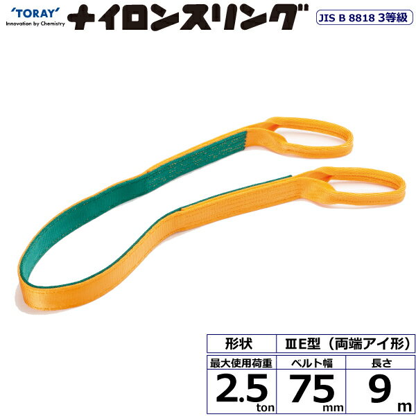 東レインターナショナル　ナイロンスリング N3E 両端アイ形 2.5ton 幅75mm 長さ9m　【品番：N3E 75×9.0】