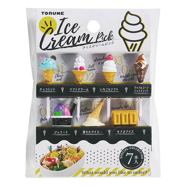 ●たくさんのアイスクリームピックがお弁当を彩ります!! ●おかずに挿すだけでカワイイ！ ●お弁当やパーティ、お子様ランチを華やかに演出します！ ●毎日のお弁当グッズとしてはもちろん、運動会や遠足のお弁当箱に！ ●入数： 7本入 ●材質： ABS樹脂 ●商品サイズ： チョコミント:約52.6×13.6×13.5mm、ソフトクリーム:約52.8×13×13mm、いちご＆ソフト:約53×11.5×11.5mm、ワッフルコーンミックスソフト:約53×12×11mm、ジェラート:約48×20×12mm、落ちたアイス:約51×19×13.9mm、モナカアイス:約42.7×20.7×10mm ●商品重量： 約23g ●耐熱温度： 70℃ ●耐冷温度： -20℃ ※電子レンジ・オーブン不可。 ※商品重量の表示は、包装込みの重量です。 【メーカー名】（株）トルネ 【メーカー品番】P-3669