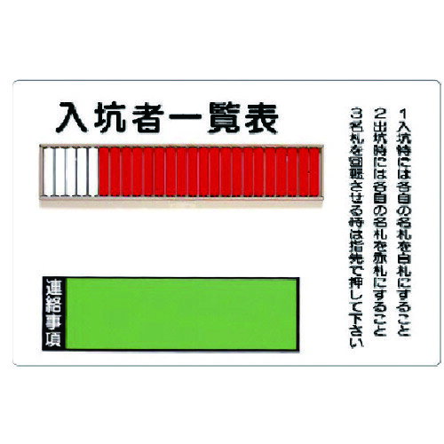 仕様 ●摘要：(25名用)穴6・回転名札板・取付ビス2個付 ●内容：入坑者一覧表 ●寸法(mm)：600×900 材質 ●鉄板 質量・質量単位 ●3.4kg 【メーカー名】ユニット（株） 【メーカー品番】393-42