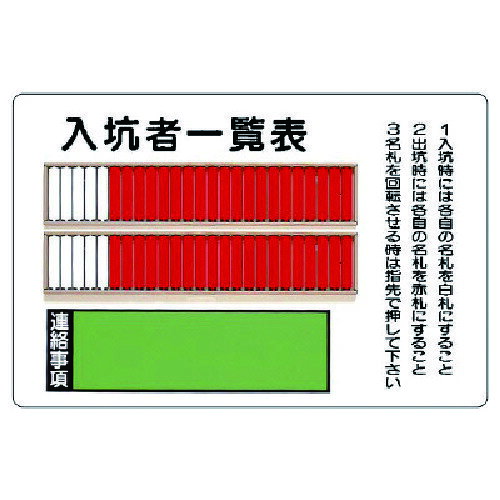 仕様 ●摘要：(50名用)穴6・回転名札板・取付ビス2個付 ●内容：入坑者一覧表 ●寸法(mm)：600×900 材質 ●鉄板 質量・質量単位 ●4.7kg 【メーカー名】ユニット（株） 【メーカー品番】393-43