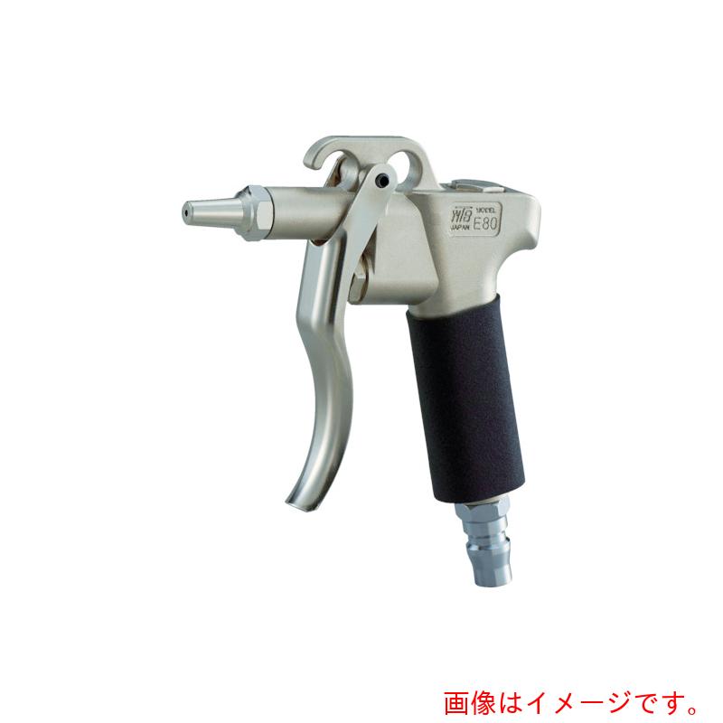 特長 ●衝突圧強力タイプです。 ●グリップ部分がラバー装着のため、滑りにくく持ちやすいグリップになっております。 ●エアの取付口は上下2方向から取り付けられます。 用途 ●一般ダスト作業。 仕様 ●ノズル長(mm)：100 ●ノズル口径(mm)：3.0 ●ノズル取付口：G1/8 ●エア取付口：G1/4 ●全長(mm)：195 ●最高使用圧力：1MPa ●引金落下防止ピン付 ●エアホース接続：上下両用可能 材質 ●アルミダイカスト 質量・質量単位 ●245.0g 【メーカー名】（株）WTBワタベコーポレーション 【メーカー品番】E80G-1BP
