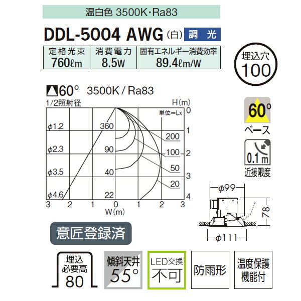 【DDL-5004AWG】 DAIKO ベースダウンライト 屋内・屋外兼用 COBタイプ 高気密SB形 白熱灯100W相当 調光 大光電機 2