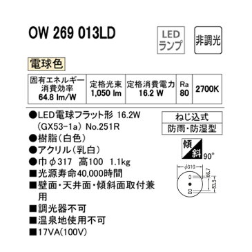 【OW269013LD】オーデリック バスルームライト・脱衣場ライト LED電球フラット形 【odelic】