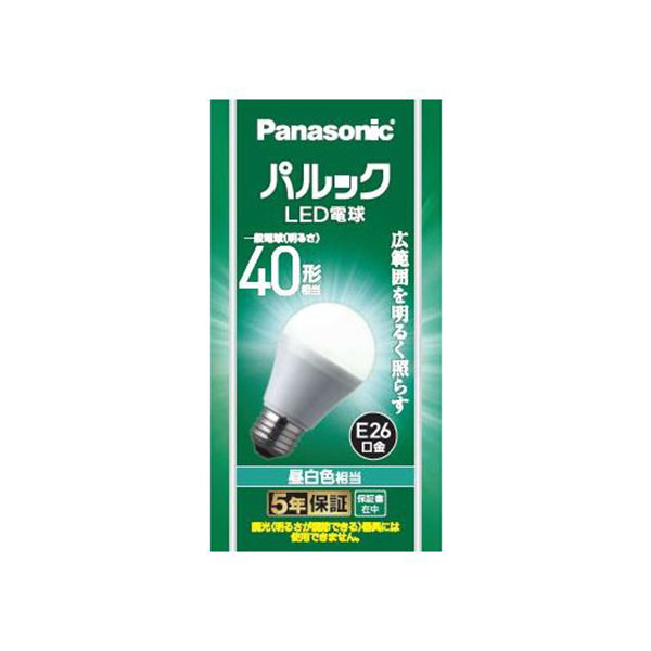 【LDA4N-G/K4】パナソニック パルック LED電球 4.2W（昼白色相当） 40形相当 LDA4NGK4 【panasonic】 ※品番にて注文をさせていただきます。メーカーにて品番の確認をお願いいたします。画像はイメージです。 廊下・階段・玄関・浴室におすすめのLED電球広配光タイプ ●口金：E26 ●全光束 (ランプ単体の明るさ)：電球40形相当485lm ●調光器対応：× ●断熱材施工器具対応：× ●密閉型器具対応：○ ●屋外器具対応：○ ●外径：55mm ●長さ：98mm ●質量：66g ●定格消費電力：4.2W ●＜NEW＞全長98mm／外径55mm 「シリカ電球と同じサイズ」 ●「選べる4光色ラインアップ」 ●「広範囲を明るく照らす」。配光角180°で、ペンダント/ブラケット/シーリング等におすすめ