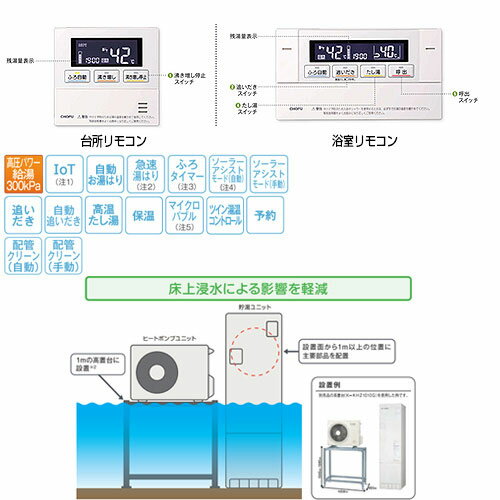 【3年あんしん保証付】CHOFU エコキュート 高置台セット フルオート 370L スリム パワフル高圧 減災対応モデル 一般地 リモコン脚部カバー EHP-3704AXP-H-set 2