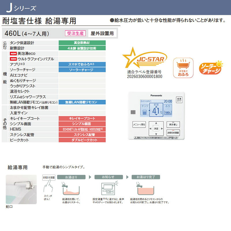 パナソニック ♪【工事費込】エコキュート 台所リモコン付属 給湯専用 460L 角型 標...