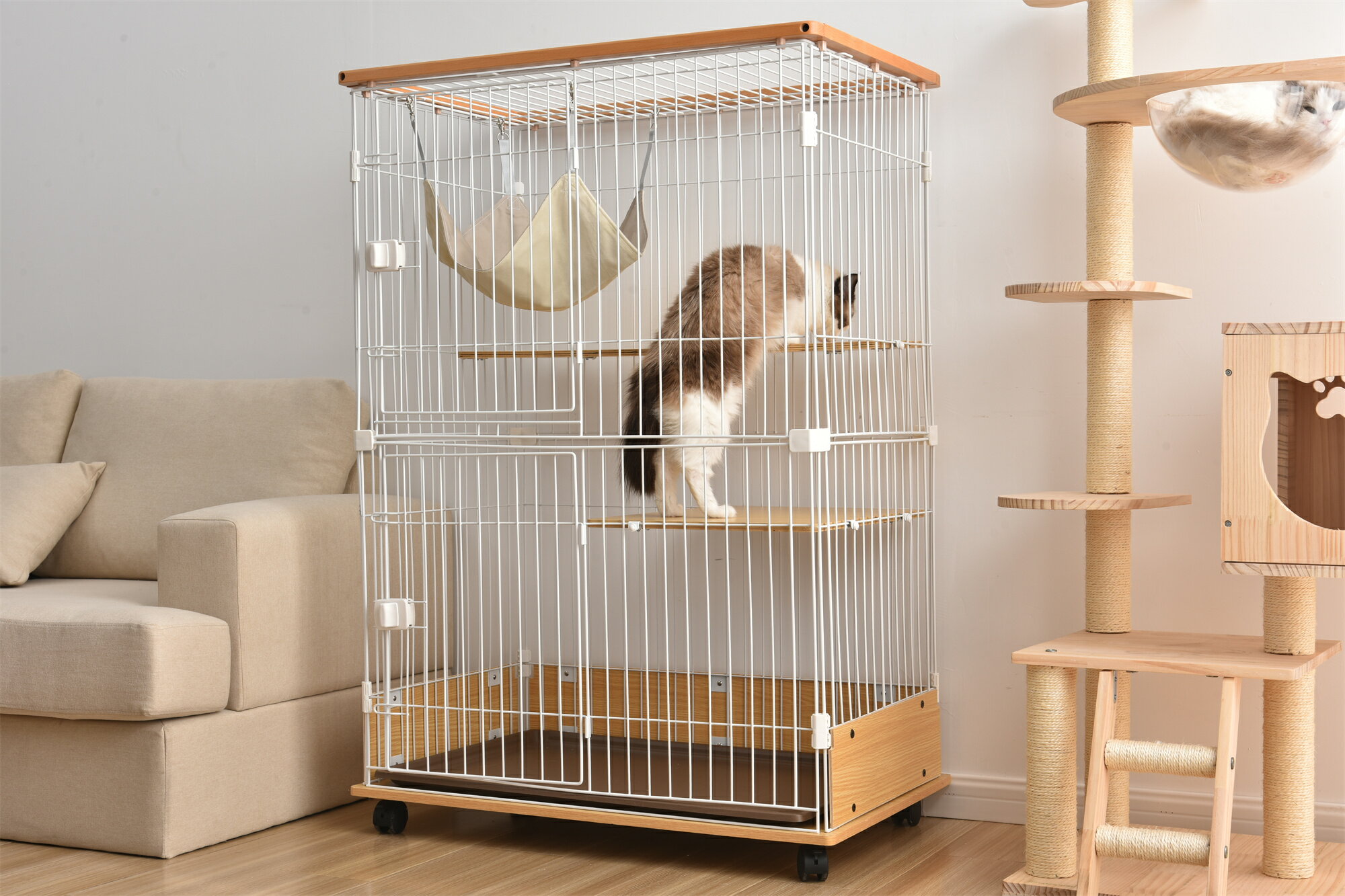 キャットケージ 木製 二段 ナチュラル 1段2段可能 キャスター付 キャットハウス