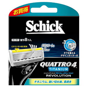 　 ※パッケージデザイン等は予告なく変更されることがあります。予め御了承下さい。 　 特徴 ■チタンコート4枚刃で剃る！ 1．セーフティーワイヤー付きチタンコート4枚刃 不意の横滑りから肌を守る。 2．替刃にビタミン（E＋B5）配合スムーザー 刃のすべりを滑らかにし、剃り心地を快適にする。 3．大型ガードバー 肌をのばし、ヒゲを剃りやすい状態にする。 ■デザインカッターで整える！ 4枚刃の裏側にある、チタンコートのセーフティーワイヤー付のデザインカッターでモミアゲや鼻の下、ヒゲのキワなどを整えられます。 内容量 替刃8コ入 ご注意 ・お肌に異常がある時、またはお肌に合わない時にはご使用をおやめください。 ・カミソリは刃物です。お取扱いにはご注意願います。 ・替刃の刃の部分には直接手を触れないでください。また、落としたり、強い衝撃を与えないでください。これらは刃こぼれの原因となり、肌を傷めるおそれがあります。 ・カミソリを落とした場合は、替刃を交換してください。 ・小さなお子様の手の届かない所に保管してください。 広告文責 くすりの勉強堂TEL 0248-94-8718 ■発売元：シック・ジャパン 141-8671 東京都品川区上大崎2-24-9 アイケイビル 03-5487-6801