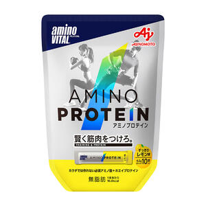 ※パッケージデザイン等は予告なく変更されることがあります。予め御了承下さい。 特徴 必須アミノ酸とホエイプロテインを配合した、新しいタイプのプロテインです。 1回分がスティック1本4．4gなので、便利に持ち運べて水と一緒に直飲みでき、タイミングを逃しません。 飲み方 1日1〜3本を目安に、水などの飲料と一緒にそのままお飲み下さい。 内容量 43g（4．3g×10） 標準栄養成分 製品4.3gあたり エネルギー：16.8kcal、たんぱく質：4.0g、脂質：0g、炭水化物：0.18g、ナトリウム：3.65mg 遊離必須アミノ酸：3.3g 原材料 ホエイたんぱく（乳成分を含む）、ロイシン、リジン、バリン、イソロイシン、スレオニン、フェニルアラニン、クエン酸、メチオニン、ヒスチジン、甘味料（アスパルテーム・L-フェニルアラニン化合物、アセスルファムK）、香料、トリプトファン、着色料（V．B2） アレルギー物質：乳 広告文責 くすりの勉強堂TEL 0248-94-8718 ■発売元：味の素