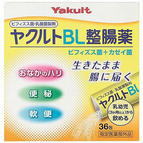 かんで飲めるチュアブルタイプはこちら＞＞ 特徴●ビフィズス菌とカゼイ菌が、生きたまま腸内に届きます。 ●消化液に強い2種類の菌が、おなかの中の広い範囲で、整腸効果を高めます。 ●小さなお子さまでも飲みやすい甘味のある整腸薬です。 効能・効果●整腸（便通を整える） ●腹部膨満感 ●軟便 ●便秘 用法・用量次の1回量を1日3回、食後に服用してください。 　成人（15歳以上） 1包 　5歳以上〜15歳未満 1／2包 　3カ月以上〜5歳未満 1／3包 　3カ月未満 　服用しないでください。 ＜用法・用量に関連する注意＞ 1. 定められた用法・用量を厳守してください。 2. 小児に服用させる場合には、保護者の指導監督のもとに服用させてください。内容量スティック分包（1g／包）×36包 成分・分量（1包（1g）中） ビフィズス菌原末「ヤクルト」…50mg ビオラクチス原末…50mg 区分 医薬部外品広告文責有限会社山口0248-94-8718■発売元： ヤクルト