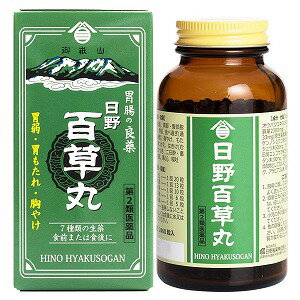 商品特徴 ・百草丸は、1粒あたり直径約4mmの小さな丸剤です。・表面が黒に近い茶色なのは、生薬オウバクのチンキで二次コーティングしているため。 ・人の身体は、苦味と香りを感じると、味覚・嗅覚が刺激され、消化管運動が活発になります。 ・この自然な人の体の働きを活用するため、弊社の百草丸は「わざと苦く」しています。使用上の注意〈相談すること〉 1.次の人は服用前に医師、薬剤師又は登録販売者に相談してください。医師の治療を受けている人 2.次の場合は服用を中止し、添付の説明書をもって医師、薬剤師又は登録販売者に相談してください。1ヵ月位服用しても症状の改善がみられない場合 効能・効果 食欲不振(食欲減退)、胃部・腹部膨満感、消化不良、胃弱、食べ過ぎ(過食)、飲み過ぎ(過飲)、胸やけ、もたれ(胃もたれ)、胸つかえ、はきけ(むかつき、胃のむかつき、二日酔・悪酔のむかつき、嘔気、悪心)、嘔吐 用法・用量 成人(15歳以上)…1回20粒、11歳以上15歳未満…1回13粒、8歳以上11歳未満…1回10粒、5歳以上8歳未満…1回6粒、3歳以上5歳未満…1回5粒、3歳未満…服用しないこと 1日3回食前もしくは食後に水又は白湯にて服用すること。〈用法・用量に関連する注意〉1.定められた用法、用量をお守りください。 2.0児に服用させる場合には保護者の指導監督のもとに服用させてください。 3.3歳以上の幼児に服用させる場合には、薬剤がのどにつかえることのないよう、よく注意してください。成分・分量1日量60粒中(成人) オウバクエキス…1800mg(原生薬換算量2300mg) 、オウバクチンキ…33mg(原生薬換算量60mg)、日局ゲンノショウコ末…500mg、日局ビャクジュツ末…500mg、ガジュツ末…500mg、日局エンゴサク末…350mg、日局リュウタン末…100mg、日局センブリ末…16mg、添加物としてカルメロースナトリウム、タルク、アラビアゴム末、薬用炭を含有します。 医薬品の保管及び取り扱い上の注意・直射日光の当たらない湿気の少ない涼しい所に密栓して保管してください。 ・小児の手の届かない所に保管してください。・他の容器に入れかえないでください(誤用の原因になったり品質が変わることがあります)。 区分：第2類医薬品お問い合わせ先日野製薬株式会社　お客様相談室 電話：0264-36-3311　フリーアクセス：0120-36-3310受付時間：9：00〜17：00（土、日、祝日を除く） くすりの勉強堂TEL 0248-94-8718■製造販売元：日野製薬株式会社