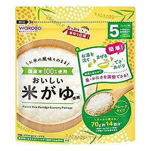 ※パッケージデザイン等は予告なく変更される場合がございます。予めご了承下さい。【商品特徴】 ●「お湯を注いでまぜるだけ」で、なめらかなおいしいおかゆが出来上がります。 ●国産米を100％使用しました。 ●お子さまの月齢や食べる量に合わせて量を調整しやすく、開け閉めが簡単なチャック付袋タイプです。 【内容量】70g 【原材料】 米粉(米(国産))、食用油脂／酸化防止剤(ビタミンE)、(一部に大豆を含む) 【栄養成分：1袋(5.0g)あたり】 エネルギー：18kcal たんぱく質：0.14〜0.35g 脂質：0.065g 炭水化物：4.1g 食塩相当量：0g 【アレルギー物質】 大豆 【保存方法】 ・直射日光・高温多湿を避け常温で保存してください。 【注意事項】 ・お湯の取り扱いにご注意ください。 ・ご使用の際は清潔で乾燥した計量スプーン等を使用してください。 ・開封後はチャックをしっかりと閉め、湿気などが入らないように保管し、なるべく早めにお使いください。 ・食べ残しや作りおきはあげないでください。 ・月齢は目安です。あせらずに段階的にすすめましょう。 ・離乳のすすめ方については、専門家にご相談ください。 ※まれに製品の一部に硬い粒や焦げによる黒褐色の小片が入っていることがありますが、品質には問題ありません。取り除いてあげてください。万一食べても健康には影響ありません。 【原産国】 日本 ■発売元：アサヒグループ食品株式会社 お客様相談室 電話…0120-630611 ミルク、ベビーフード、乳幼児用品専用…0120-889283 受付時間…10：00〜17：00（土、日、祝日を除く） 広告文責くすりの勉強堂 0248-94-8718