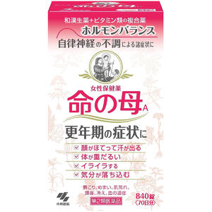 特徴デリケートな女性の身体の仕組みを考えて、13種の生薬を中心に、ビタミン類、カルシウム、タウリン、レシチンなどを配合した複合薬(婦人薬)です。 小さくて飲みやすい糖衣錠。効果・効能更年期障害、更年期神経症、血の道症、のぼせ、生理不順、生理異常、生理痛、肩こり、冷え症、肌荒れ、めまい、耳鳴り、動悸、貧血、にきび、便秘、ヒステリー、帯下、産前産後、下腹腰痛、血圧異常、頭痛、頭重 用法・用量成人(15歳以上)1回4錠を1日3回、毎食後服用してください。剤形 錠剤内容量 840錠 成分・分量 （成人1日量12錠中）ダイオウ末…175mgカノコソウ末…207mgケイヒ末…170mgセンキュウ末…100mg ソウジュツ末…100mgシャクヤク末…300mgブクリョウ末…175mgトウキ末…300mgコウブシ末…50mg ゴシュユ…40mgハンゲ…75mgニンジン…40mgコウカ…50mg塩酸チアミン…5mgリボフラビン…1mg 塩酸ピリドキシン…0.5mgシアノコバラミン…1μgパントテン酸カルシウム…5mg葉酸…0.5mg アミノエチルスルホン酸(アミノエチルスルホン酸(タウリン))…90mgコハク酸dl-α−トコフェロール(ビタミンE)…5mg パールカルク…10mgビオチン…1μgソーヤレシチン…10mg添加物：ケイ酸Al、ステアリン酸マグネシウム、セラック、タルク、炭酸カルシウム、酸化チタン、バレイショデンプン、ゼラチン、白糖、エリスロシン、ニューコクシン、サンセットイエローFCF、ミツロウ、カルナウバロウ 使用上の注意1：授乳中の人は本剤を服用しないか、本剤を服用する場合は授乳を避けること。2：次の人は服用前に医師または薬剤師の相談すること。 （1）医師の治療を受けている人（2）妊娠または妊娠していると思われる人（3）体の虚弱な人（体力の衰えている人、体の弱い人） （4）胃腸が弱く下痢しやすい人3：服用に際しては、添付の文書をよく読むこと4：直射日光のあたらない湿気の少ない涼しいところに密栓して保管すること 5：使用期限の過ぎた製品は服用しないこと医薬品の保管及び取り扱い上の注意(1)直射日光の当たらない湿気の少ない涼しい所に密栓して保管してください。 (2)小児の手の届かない所に保管してください。(3)他の容器に入れ替えないでください。(誤用の原因になったり品質が変わります) (4)使用期限を過ぎた製品は使用しないでください。区分 日本製・第2類医薬品お問合せ先小林製薬株式会社 〒541-0045 大阪市中央区道修町4-3-6お客様相談室 電話06-6203-3625受付時間 9：00-17：00 (土・日・祝日を除く)■発売元：小林製薬株式会社 広告文責くすりの勉強堂TEL 0248-94-8718文責：薬剤師　薄葉 俊子