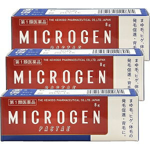 こちらの商品はお一人様1セットまでとさせていただきます。予めご了承ください商品特徴●ミクロゲン・パスタは、二種のテストステロン（男性ホルモン）を主剤としてつくられた、吸収されやすいクリーム状の外用塗擦薬で、マユ毛、ヒゲ、胸毛、腋毛、性毛など、頭髪以外の部分に生えるべき硬毛の生育促進に、塗って効果をあらわすものです。 効能・効果男女両性の無毛症、貧毛症、（顔面、胸部、四肢、腋下、恥部の発毛促進と育毛）用法・用量1日1〜2回、1回0.1g〜0.3gを目的の部分に塗擦する。 詳しいご使用方法チューブの蓋を取り、その突起でチューブの口を開けて、塗布面積の大小に従い次のように適量を塗擦します。 ◆まゆ毛には1回0.1gくらい（小豆粒くらい）を1日1〜2回、まゆがしらの方から，まゆじりの方へ軽くスリ込んでください。 ◆体毛（性毛）の無毛や薄毛には、1回0.1g〜0.3gを1日1〜2回、粘膜の部分につけないように注意して、下腹部へスリ込んでください。 ◆ヒゲ，胸毛などには、塗布部分の広さに応じて、1回0.1g〜0.3gをよく指先でのばすように塗擦し、1日1〜2回ずつ使用してください。 ◆使いすぎないようご注意ください。成分（1g中）メチルテストステロン10mgプロピオン酸テストステロン5mg 添加物としてステアリルアルコール、プロピレングリコール、ポリオキシエチレン硬化ヒマシ油、ステアリン酸グリセリン、パラベン、ワセリン、コレステロール、感光素301号、香料を含有 使用上の注意■してはいけないこと(守らないと現在の症状が悪化したり、副作用・事故が起こりやすくなります)1.次の人は使用しないこと (1)本剤の成分に対しアレルギー症状を起こしたことがある人 (2)ご使用前に本剤をチューブから5mm程度出し、内股などの皮ふのうすい所にすり込んで、翌日中に薬疹、発赤、かゆみ、かぶれ、はれなどの症状が現れた人 (3)アンドロゲン依存性腫瘍(例えば前立腺腫瘍、乳腫瘍(悪性))及びその疑いのある人(4)妊婦、妊娠している可能性のある女性、授乳中の人 (5)小児(15歳未満)(6)排尿困難を伴う前立腺肥大のある人 (7)前立腺検査の結果、前立腺特異抗原(PSA)の値が2.0ng/ml以上の人(医師の判断に従うこと) ＊本剤の有効成分(メチルテストステロン、プロピオン酸テストステロン)は前立腺腫瘍を進行させるおそれがあります。 (a)特に50歳以上の男性は前立腺腫瘍の罹患率が高まるため、本剤のご使用前に前立腺検査を受ける必要があります。 (b)継続的にご使用の人は定期的な検査を受ける必要があります。 (c)検査の結果、異常があった場合には直ちに本剤のご使用を中止して、医師又は薬剤師に相談すること(8)睡眠時無呼吸症候群である人 (9)円形脱毛症の人2.次の部位には使用しないこと(1)目や目の周囲、粘膜(口腔、鼻腔等)(2)頭髪、マツ毛 (3)陰茎部先端(尿道口)、恥部の粘膜部(4)外傷、炎症、湿疹、ただれ、化膿などのある部位 3.本剤を使用している間は、男性ホルモンを含んだいずれの医薬品も使用しないこと4.使用者以外へ付着させないこと (1)ご使用後は石鹸とぬるま湯で手を十分に洗って下さい。 (2)本剤を使用者以外の人に付着させないように注意して下さい。付着した場合は直ちに洗い流して下さい。 (3)塗布部が他の人と接触する可能性があるときは、塗布部を石鹸とぬるま湯で十分に洗い流して下さい。■相談すること 次の人は服用前に医師又は薬剤師にご相談ください(1)医師の治療を受けている人(2)前立腺肥大症ではあるが、排尿困難を伴わない人 (3)薬や化粧品等によるアレルギー症状(発疹・発赤、かゆみ、かぶれ、はれ等)を起こしたことがある人(4)本人又は家族がアレルギー体質の人 (5)重度の心臓病、腎臓病、肝臓病、高血圧又はその既往歴のある人2.次の場合は、直ちに使用を中止し、この文書を持って医師または薬剤師に相談すること (1)使用後、次の症状があらわれた場合　関係部位 症状皮 ふ(塗った所) 発疹・発赤、はれ、かぶれ、かゆみ、水疱、にきび (2)1-3ヵ月使用しても症状の改善がみられない場合(3)月経異常、或いは変性等の男性化の兆候が見られた場合(4)誤った使い方をしてしまった場合 お問い合わせ先啓芳堂製薬株式会社 お客様相談室電話：03-3828-5663 受付時間 9:00-17:00(土、日、祝日を除く) ■発売元：啓芳堂製薬株式会社広告文責くすりの勉強堂TEL：0248-94-8718文責：薬剤師　薄葉 俊子