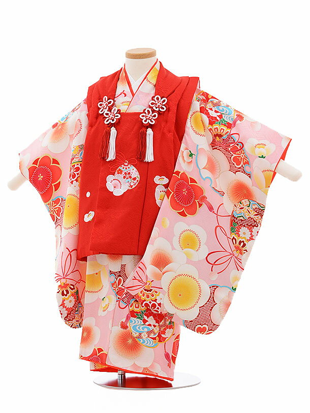 レンタル 七五三 着物 3歳 被布 セット 正絹 3386 紅一点 赤×ピンク 梅鈴 新品足袋 プレゼント 往復送料無料のサムネイル