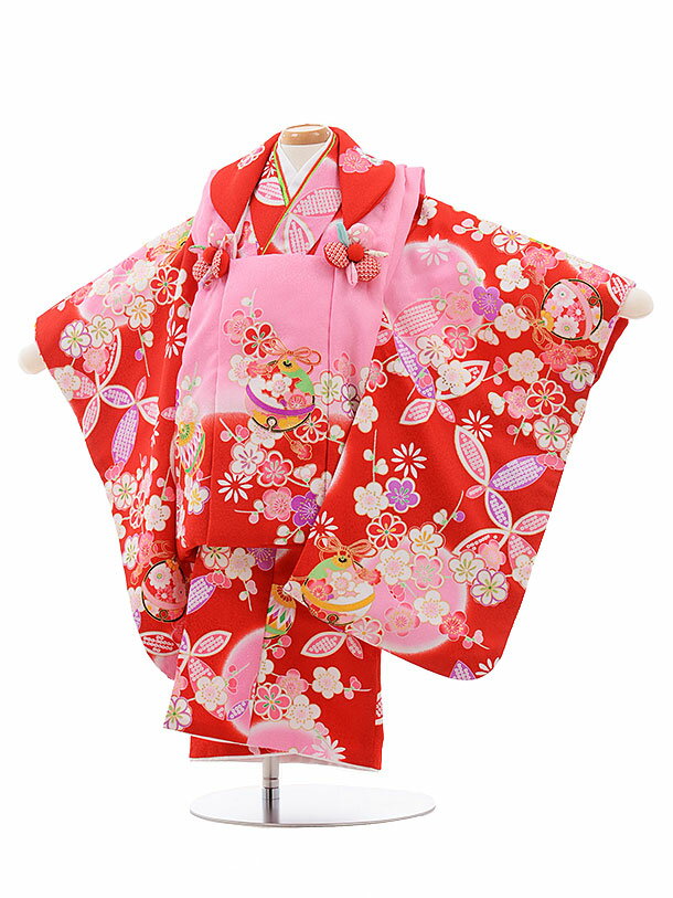 七五三 着物 2歳 レンタル 七五三 2歳 被布 セット 753 女の子 七五三レンタル 3466 ピンクぼかし×赤 梅鈴 2歳 女児 被布 七五三 二歳女児 ...
