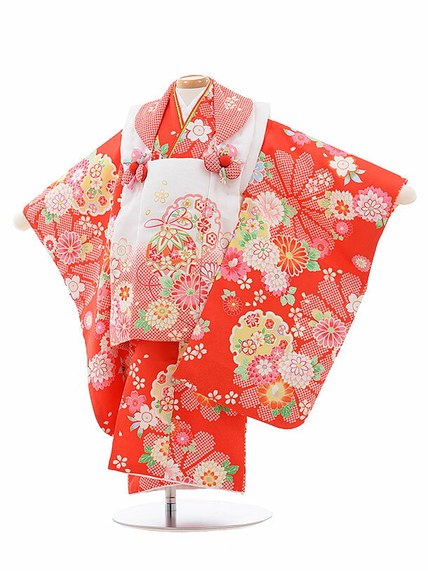 七五三 着物 2歳 レンタル 七五三 2歳 被布 セット 753 女の子 七五三レンタル 3467 白ぼかし×赤 雪輪花 2歳 女児 被布 七五三 二歳女児 被...