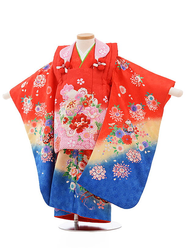 七五三 着物 3歳 レンタル 七五三 3歳 被布 セット 753 女の子 七五三レンタル 3484 赤×赤 裾青 花 3歳 女児 被布 七五三 三歳女児 被布コ...