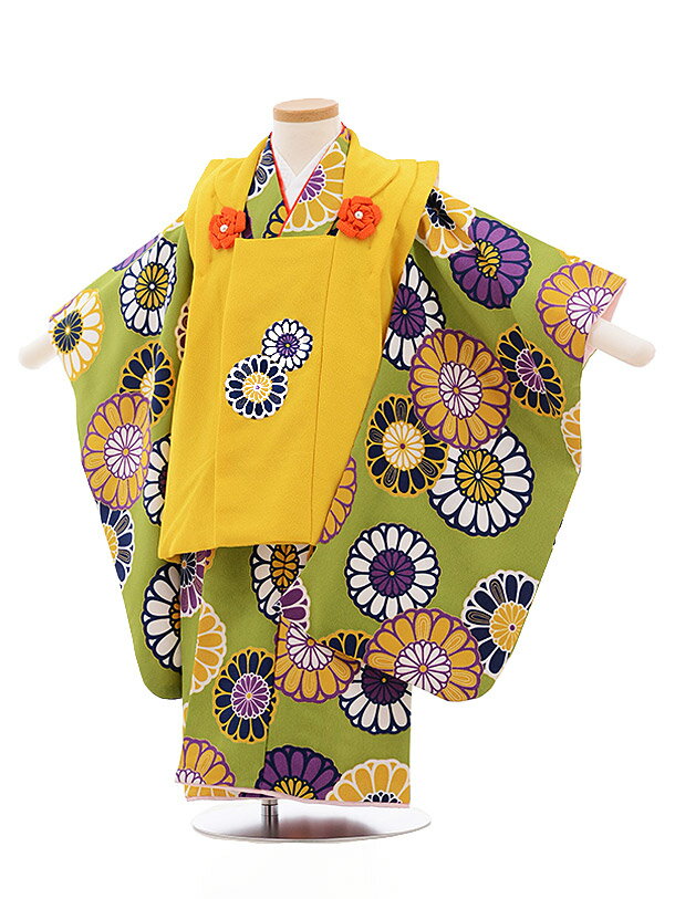 七五三 着物 3歳 レンタル 七五三 3歳 被布 セット 753 女の子 七五三レンタル 3490 からし色×グリーン地 菊 3歳 女児 被布 七五三 三歳女児...