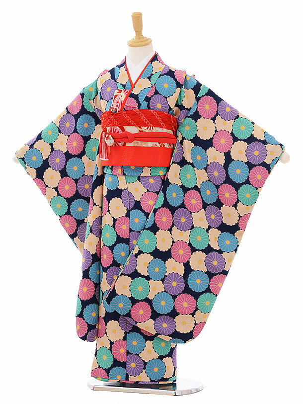 【レンタル】753|七五三 着物 7歳 フルセット 女の子|7歳 着物 レンタル|七五三 レンタル 753|七五三 着物 7歳 フルセット 女の子|七五三 レンタル 7419 紺地 ちりめん菊 7歳女の子|753|七五三|子供|七五三 着物 7歳 女の子|往復送料無料