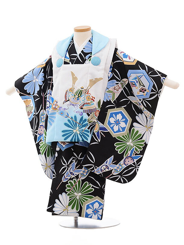 被布 レンタル 男児 七五三 着物 七五三レンタル 2211 白 水色 ぼかし かぶと×黒 2歳男の子 男児 着物 2歳 子供 きもの被布セット お正月 和装...