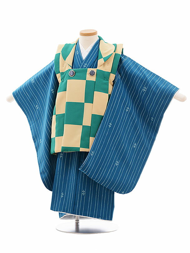 七五三 着物 3歳 男の子 被布 レンタル 男児 七五三 着物 七五三レンタル 2247 グリーン市松×ターコイズストライプ 3歳 3才 3歳男の子 男児 着物...