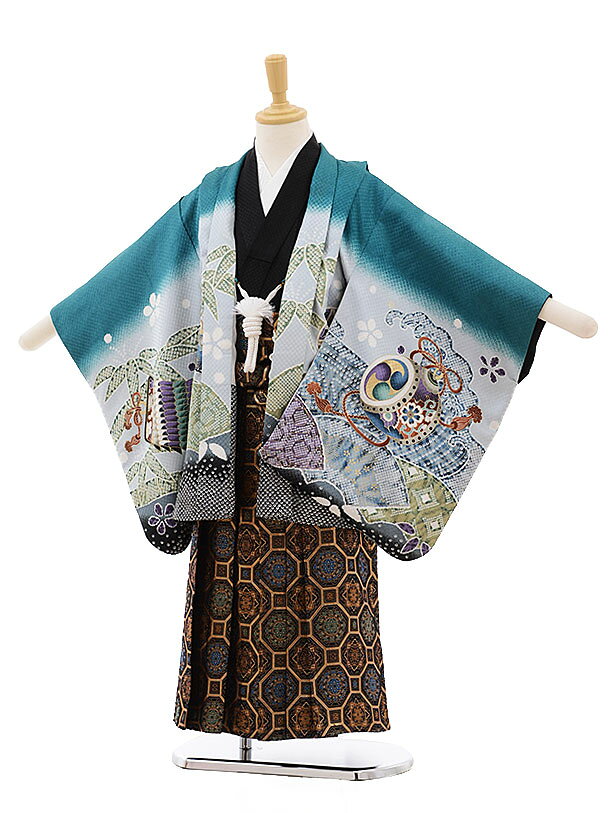 七五三 5歳 レンタル 753 袴セット 男児 着物 七五三 レンタル F304 グリーン地ぼかし 兜 5歳男の子 七五三 着物 5歳 フルセット 男児 子供 きもの レンタル 羽織 袴セット 七五三 お正月 和装 お祝い 5才 5歳 男の子 新品足袋プレゼント 往復送料無料【レンタル】