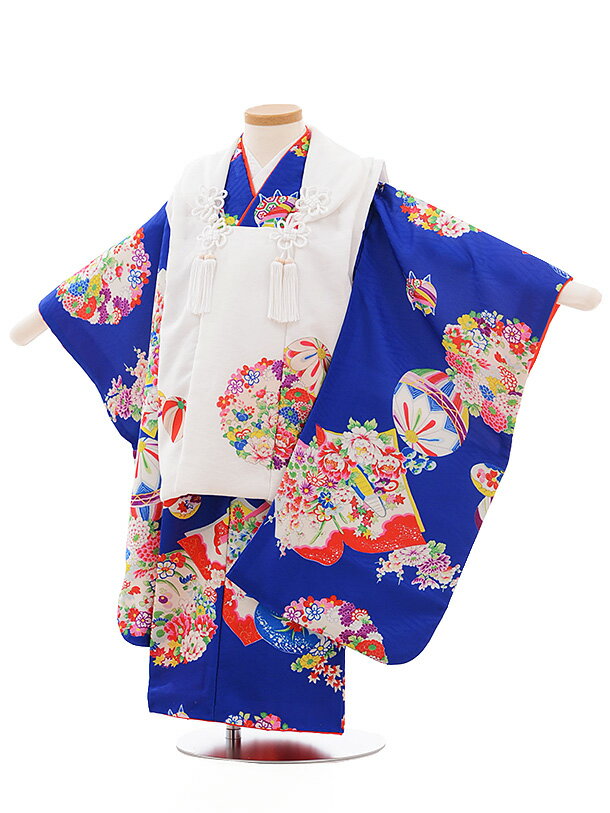 七五三 着物 3歳 レンタル 七五三 3歳 被布 セット 3555 式部浪漫 白×ブルー地 花まり 女の子 七五三レンタル 3歳 女児 被布 七五三 三歳女児 ...