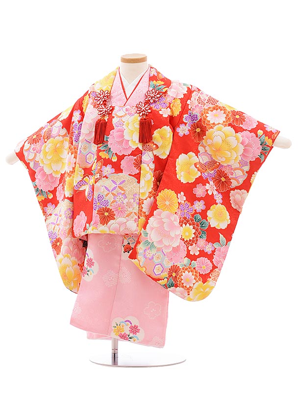 七五三 着物 3歳 レンタル 七五三 3歳 被布 セット 3574 赤地袖付き被布×ピンク 女の子 七五三レンタル 3歳 女児 被布 七五三 三歳女児 被布コー...