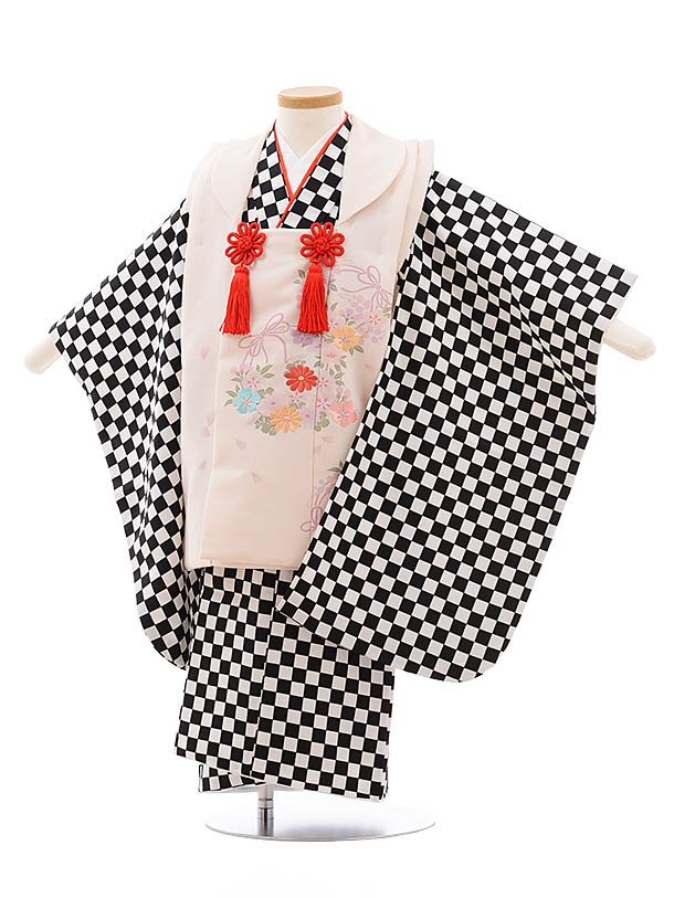 七五三 着物 3歳 レンタル 七五三 3歳 被布 セット 3582 うすピンク×黒 市松 女の子 七五三レンタル 3歳 女児 被布 七五三 三歳女児 被布コート...