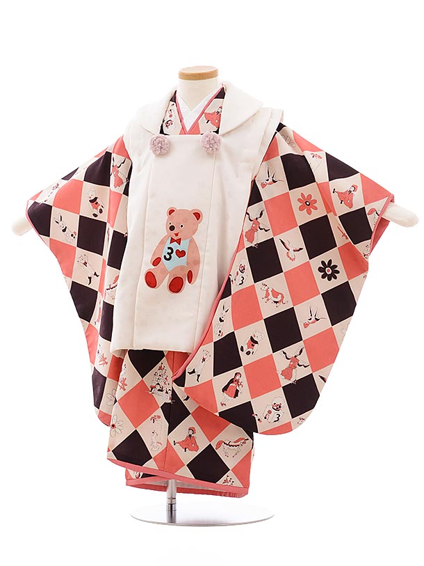 七五三 着物 3歳 レンタル 七五三 3歳 被布 セット 3592 モダンアンテナ 白×ダイヤ ピンク くま 女の子 七五三レンタル 3歳 女児 被布 七五三 ...