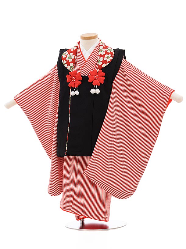 七五三 着物 3歳 レンタル 七五三 3歳 被布 セット 3603 黒×赤ストライプ 女の子 七五三レンタル 3歳 女児 被布 七五三 三歳女児 被布コート 子...