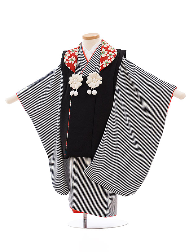 七五三 着物 3歳 レンタル 七五三 3歳 被布 セット 3604 黒×紺ストライプ 女の子 七五三レンタル 3歳 女児 被布 七五三 三歳女児 被布コート 子...